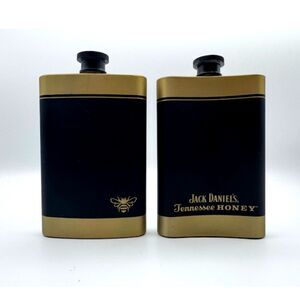 Jack Daniel's Honey Flask Set Black Gold Bee Stainless Steel 4oz Whiskey Barware